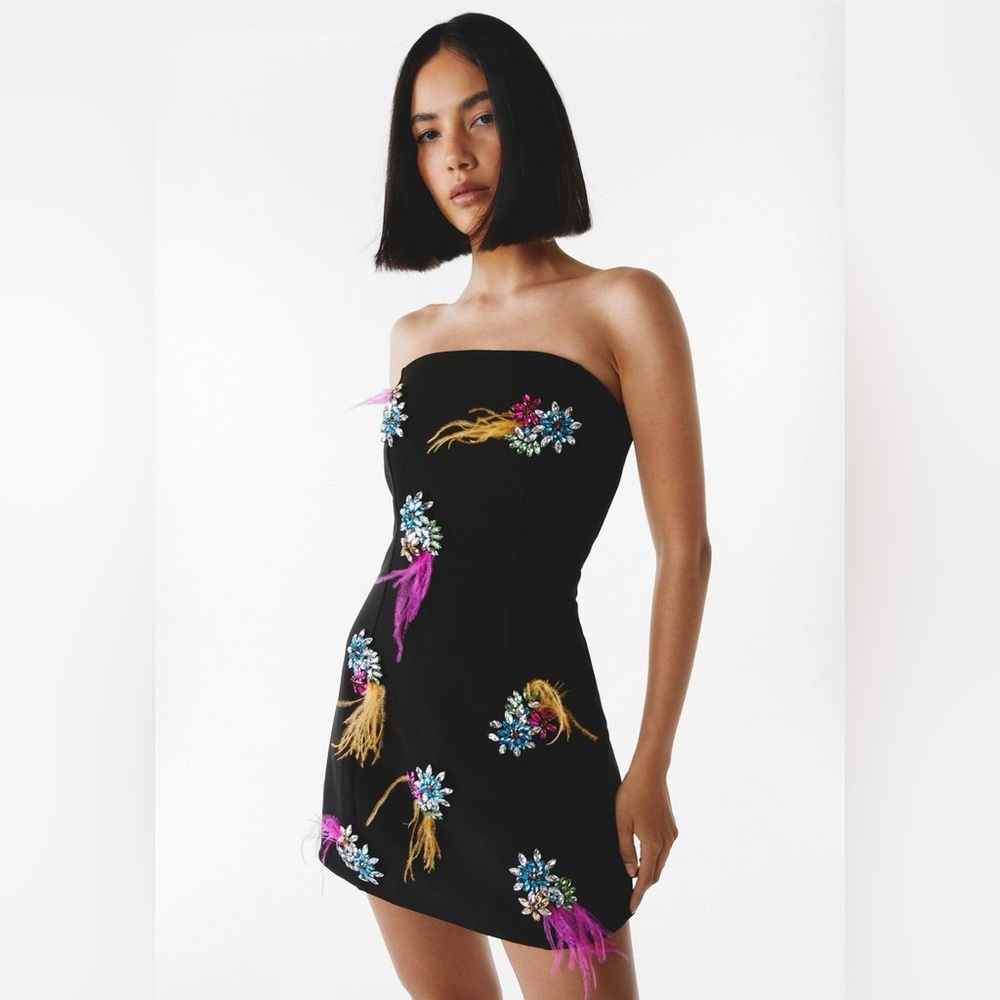 NWT Black Embellished Feather Straplesss Dress - NastyGal, Size US 6